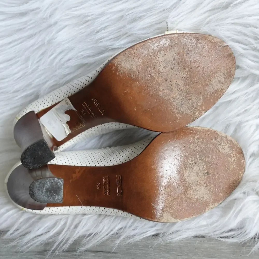 Fendi White and Cream Patent Leather Peep-Toe Heels
